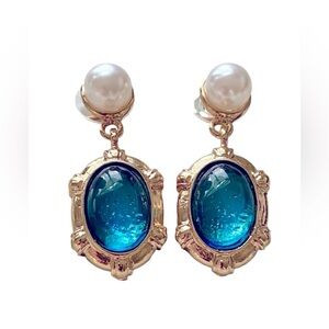 Sophisticated Formal Luxe Baroque Blue Stone Drop Earrings Pearl & Gold